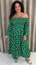 CurveWow Bardot Shirred Midaxi Dress Green Spot