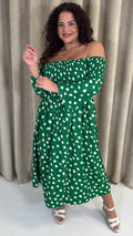 CurveWow Bardot Shirred Midaxi Dress Green Spot