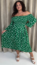 CurveWow Bardot Shirred Midaxi Dress Green Spot