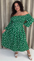 CurveWow Bardot Shirred Midaxi Dress Green Spot