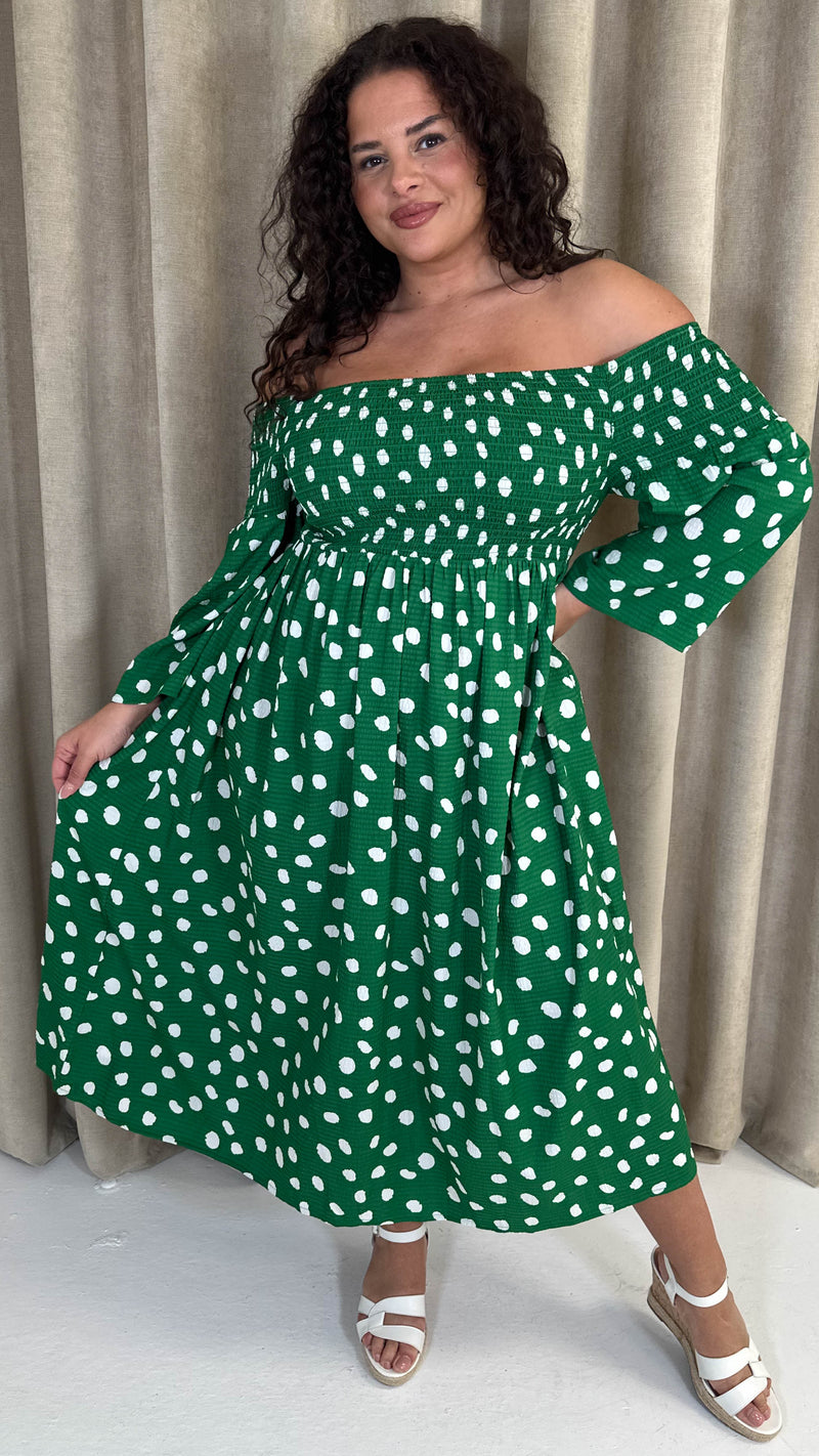 CurveWow Bardot Shirred Midaxi Dress Green Spot