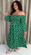 CurveWow Bardot Shirred Midaxi Dress Green Spot