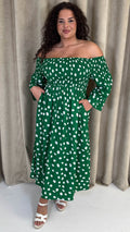 CurveWow Bardot Shirred Midaxi Dress Green Spot