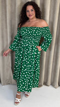 CurveWow Bardot Shirred Midaxi Dress Green Spot