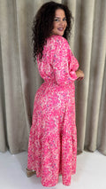 CurveWow Tie Neck Tiered Maxi Dress Pink Floral