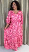 CurveWow Tie Neck Tiered Maxi Dress Pink Floral
