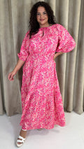 CurveWow Tie Neck Tiered Maxi Dress Pink Floral