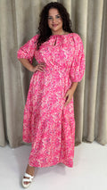CurveWow Tie Neck Tiered Maxi Dress Pink Floral