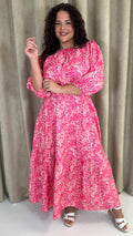 CurveWow Tie Neck Tiered Maxi Dress Pink Floral