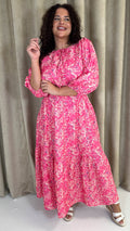 CurveWow Tie Neck Tiered Maxi Dress Pink Floral