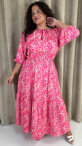 CurveWow Tie Neck Tiered Maxi Dress Pink Floral