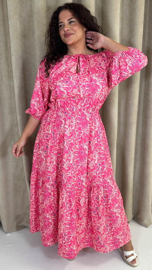CurveWow Tie Neck Tiered Maxi Dress Pink Floral