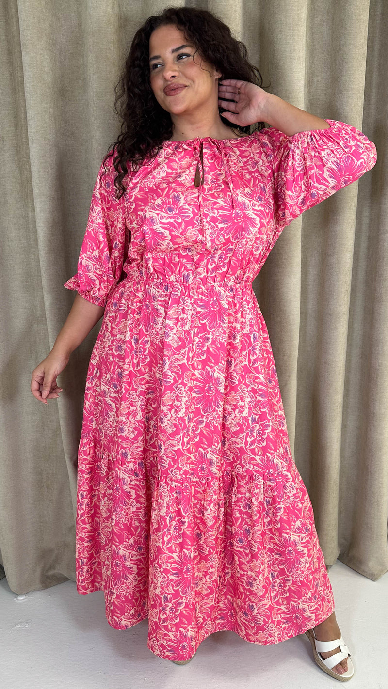 CurveWow Tie Neck Tiered Maxi Dress Pink Floral