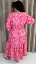 CurveWow Tie Neck Tiered Maxi Dress Pink Floral
