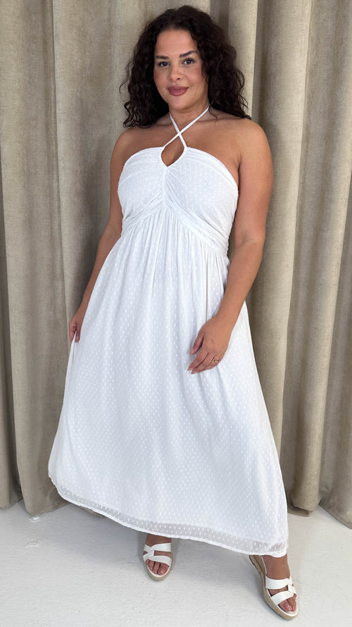 CurveWow Maxi Halter Neck Shirred Back Dress White
