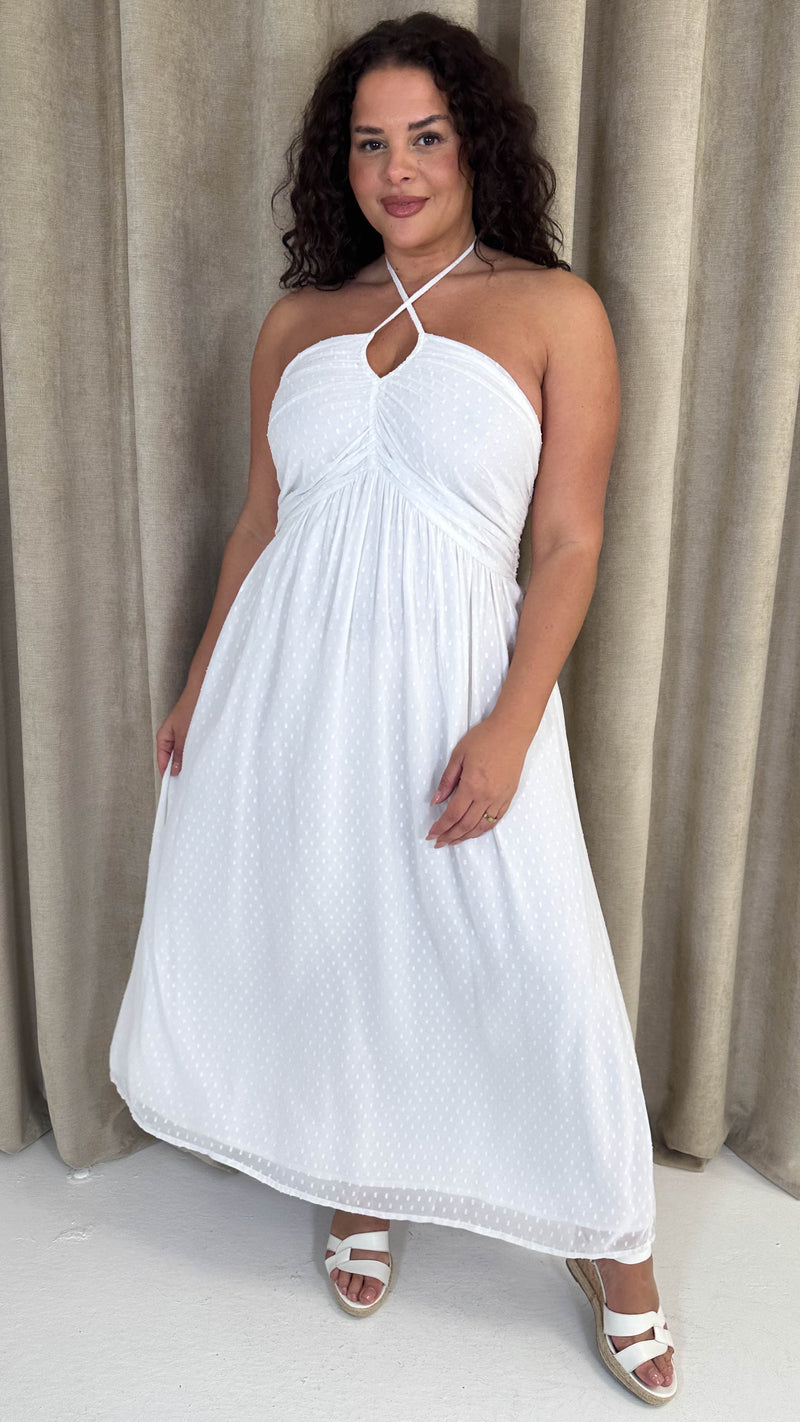 CurveWow Maxi Halter Neck Shirred Back Dress White