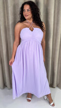 CurveWow Maxi Halter Neck Shirred Back Dress Pastel Lilac