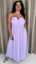 CurveWow Maxi Halter Neck Shirred Back Dress Pastel Lilac