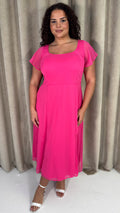 CurveWow Square Neck Tie Back Midi Dress Pink