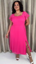 CurveWow Square Neck Tie Back Midi Dress Pink