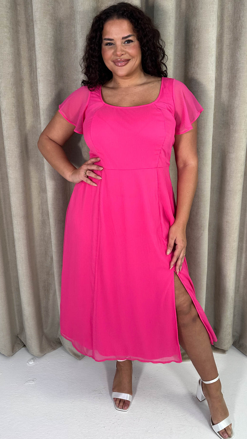CurveWow Square Neck Tie Back Midi Dress Pink