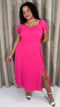 CurveWow Square Neck Tie Back Midi Dress Pink