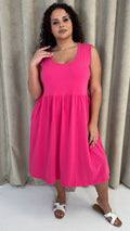 CurveWow Basic Sleeveless Pocket Dress Pink