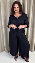 CurveWow Tie Front Wide Leg Jumpsuit Black
