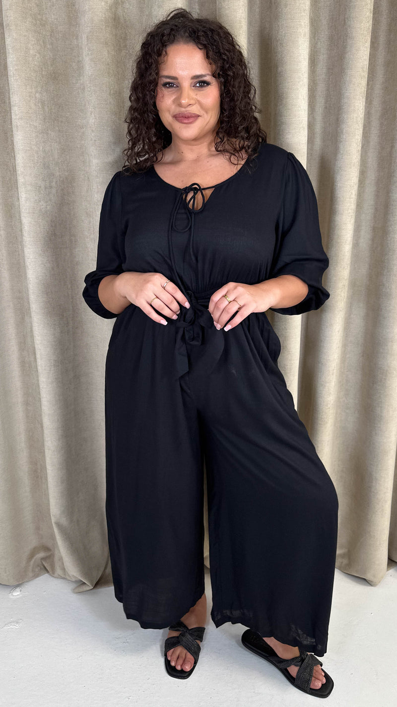 CurveWow Tie Front Wide Leg Jumpsuit Black