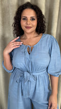CurveWow Tie Front Wide Leg Jumpsuit Dusty Blue
