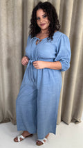 CurveWow Tie Front Wide Leg Jumpsuit Dusty Blue