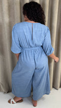 CurveWow Tie Front Wide Leg Jumpsuit Dusty Blue