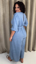 CurveWow Tie Front Wide Leg Jumpsuit Dusty Blue