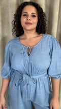 CurveWow Tie Front Wide Leg Jumpsuit Dusty Blue