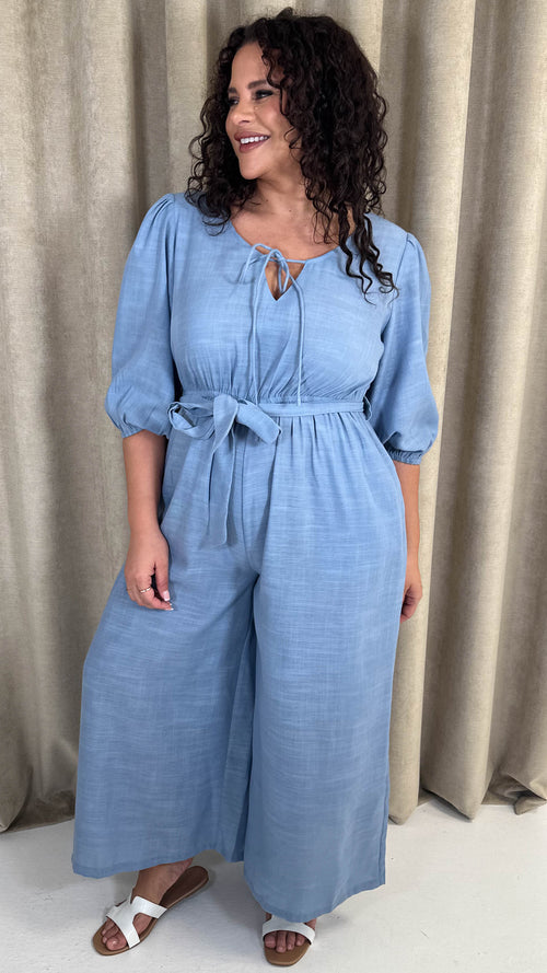 CurveWow Tie Front Wide Leg Jumpsuit Dusty Blue