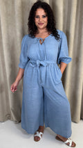 CurveWow Tie Front Wide Leg Jumpsuit Dusty Blue