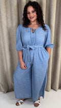 CurveWow Tie Front Wide Leg Jumpsuit Dusty Blue