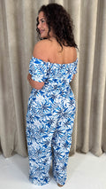 CurveWow Bardot Frill Jumpsuit Blue Leaf