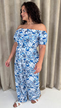 CurveWow Bardot Frill Jumpsuit Blue Leaf
