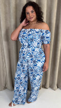 CurveWow Bardot Frill Jumpsuit Blue Leaf