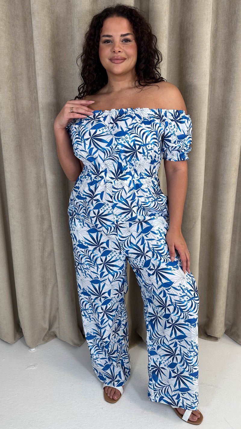 CurveWow Bardot Frill Jumpsuit Blue Leaf