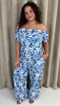 CurveWow Bardot Frill Jumpsuit Blue Leaf