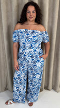 CurveWow Bardot Frill Jumpsuit Blue Leaf