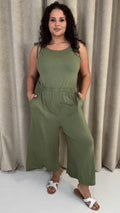 CurveWow Tie Waist Culotte Jumpsuit Khaki