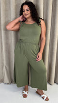 CurveWow Tie Waist Culotte Jumpsuit Khaki