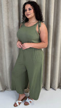 CurveWow Tie Waist Culotte Jumpsuit Khaki