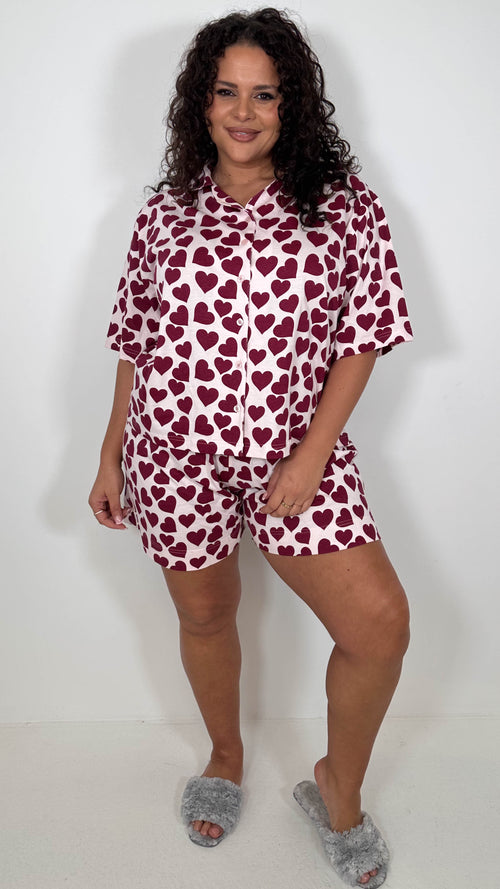CurveWow Heart Print Shirt & Short Pyjama Set Pink