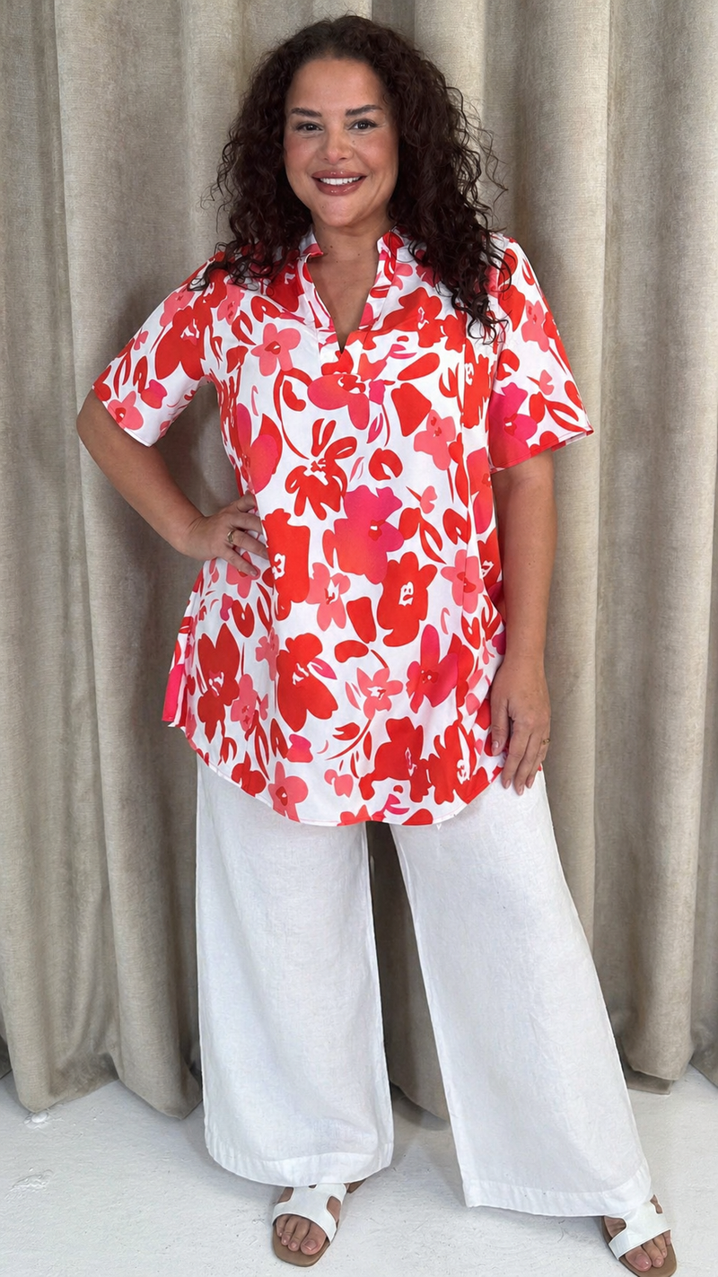 CurveWow Notch Neck Tunic Top Red & Pink Floral