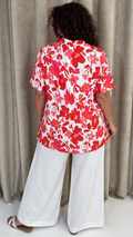 CurveWow Notch Neck Tunic Top Red & Pink Floral