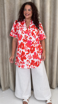 CurveWow Notch Neck Tunic Top Red & Pink Floral